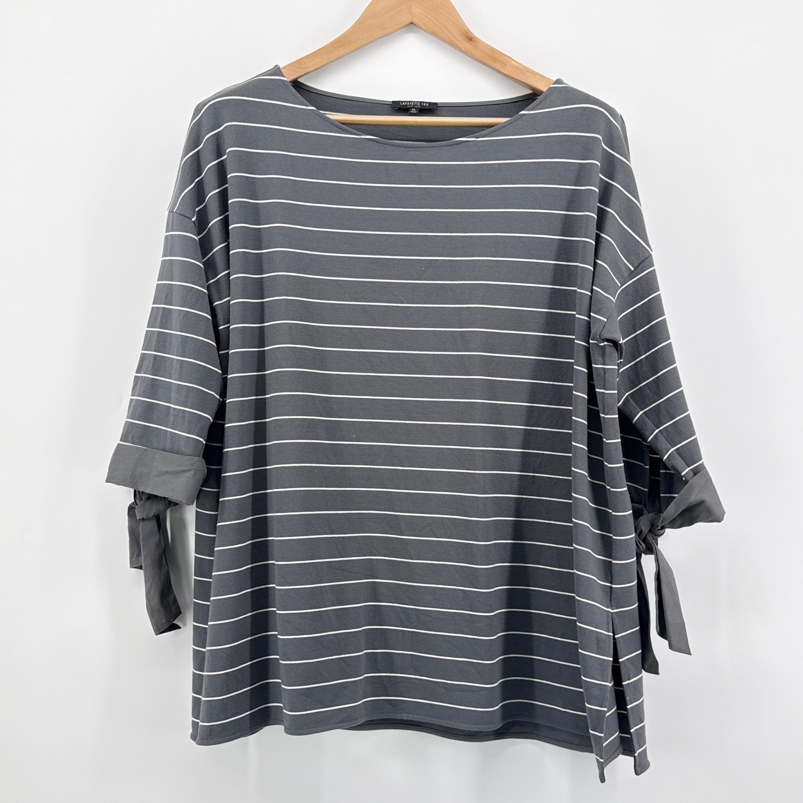 Lafayette 148 New York Xl Gray Striped Viscose Knit Top Tie Sleeve Matte Jersey